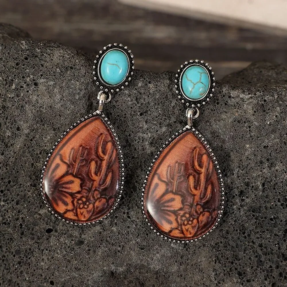 Southwestern Cactus Floral & Faux Turquoise Stud Teardrop Dangle Earrings